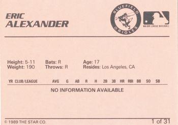 1989 Star Bluefield Orioles #1 Eric Alexander Back
