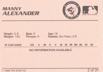 1989 Star Bluefield Orioles #2 Manny Alexander Back