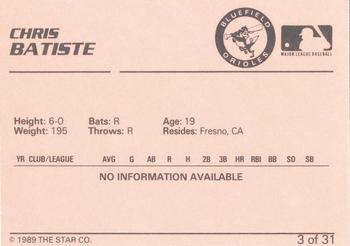 1989 Star Bluefield Orioles #3 Chris Batiste Back