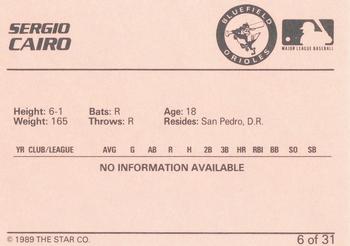 1989 Star Bluefield Orioles #6 Sergio Cairo Back