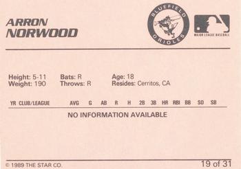 1989 Star Bluefield Orioles #19 Arron Norwood Back