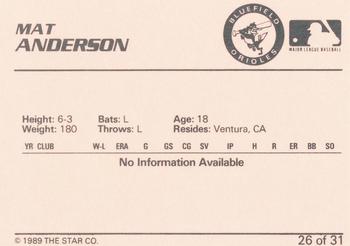 1989 Star Bluefield Orioles #26 Matt Anderson Back