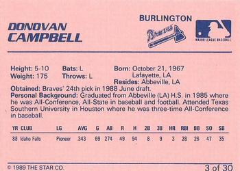 1989 Star Burlington Braves #3 Donovan Campbell Back