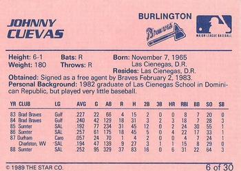 1989 Star Burlington Braves #6 Johnny Cuevas Back