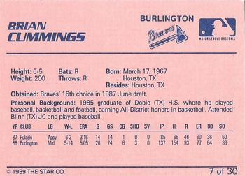 1989 Star Burlington Braves #7 Brian Cummings Back