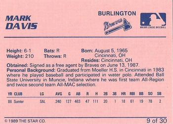 1989 Star Burlington Braves #9 Mark Davis Back