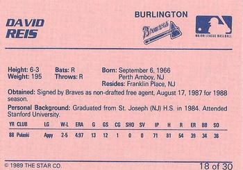 1989 Star Burlington Braves #18 David Reis Back