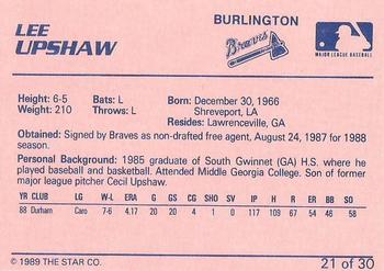 1989 Star Burlington Braves #21 Lee Upshaw Back