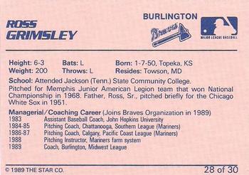 1989 Star Burlington Braves #28 Ross Grimsley Back
