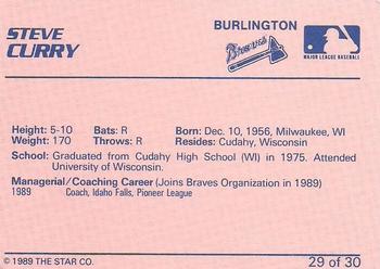 1989 Star Burlington Braves #29 Steve Curry Back