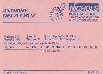 1989 Star Burlington Indians #8 Anthony Dela Cruz Back