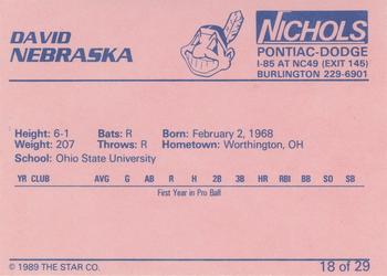 1989 Star Burlington Indians #18 David Nebraska Back