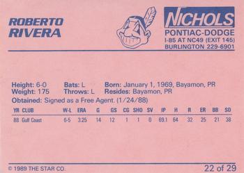 1989 Star Burlington Indians #22 Roberto Rivera Back
