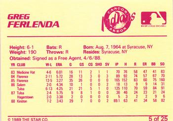 1989 Star Canton-Akron Indians #5 Greg Ferlenda Back