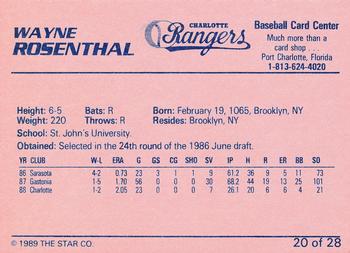 1989 Star Charlotte Rangers #20 Wayne Rosenthal Back