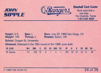 1989 Star Charlotte Rangers #24 John Sipple Back
