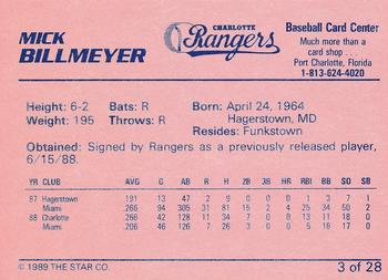 1989 Star Charlotte Rangers #3 Mick Billmeyer Back