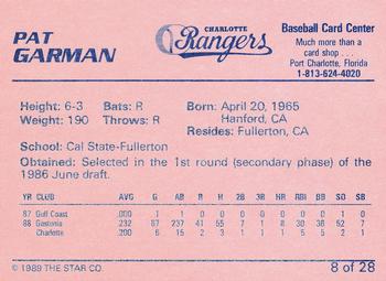 1989 Star Charlotte Rangers #8 Pat Garman Back