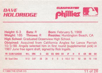 1989 Star Clearwater Phillies #11 David Holdridge Back