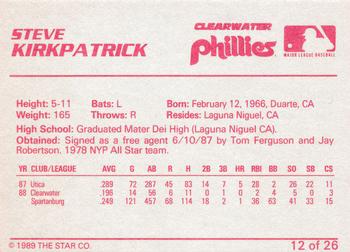 1989 Star Clearwater Phillies #12 Steve Kirkpatrick Back