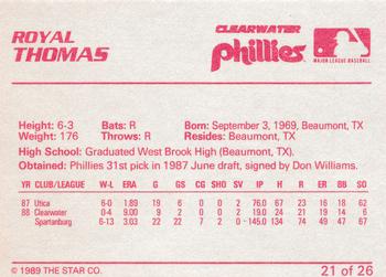 1989 Star Clearwater Phillies #21 Royal Thomas Back