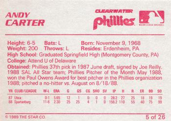 1989 Star Clearwater Phillies #5 Andy Carter Back