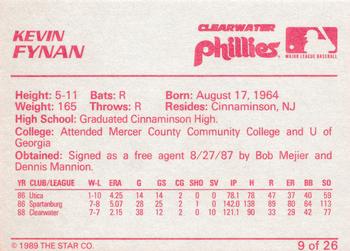 1989 Star Clearwater Phillies #9 Kevin Fynan Back