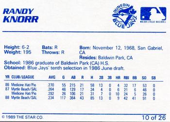 1989 Star Dunedin Blue Jays #10 Randy Knorr Back
