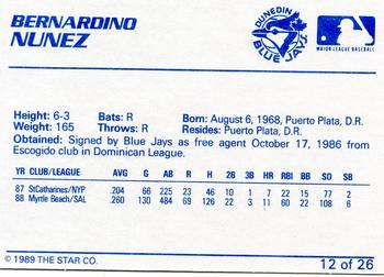 1989 Star Dunedin Blue Jays #12 Bernardino Nunez Back