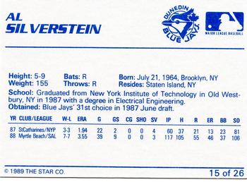 1989 Star Dunedin Blue Jays #15 Al Silverstein Back