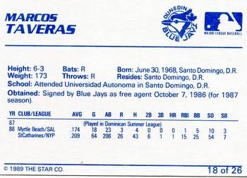 1989 Star Dunedin Blue Jays #18 Marcos Taveras Back