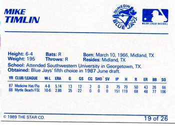 1989 Star Dunedin Blue Jays #19 Mike Timlin Back