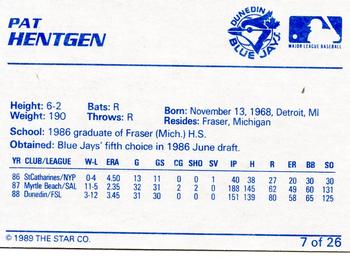 1989 Star Dunedin Blue Jays #7 Pat Hentgen Back