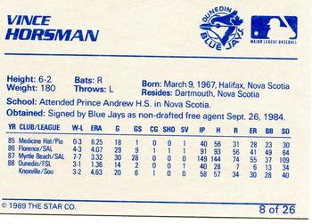 1989 Star Dunedin Blue Jays #8 Vince Horsman Back