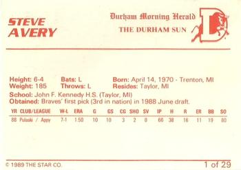 1989 Star Durham Bulls II #1 Steve Avery Back