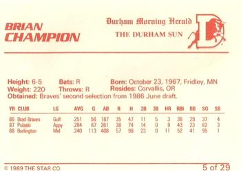 1989 Star Durham Bulls II #5 Brian Champion Back