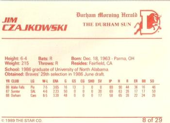 1989 Star Durham Bulls II #8 Jim Czajkowski Back