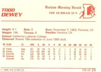 1989 Star Durham Bulls II #10 Todd Dewey Back