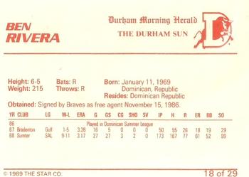 1989 Star Durham Bulls II #18 Ben Rivera Back