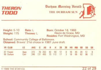 1989 Star Durham Bulls II #22 Theron Todd Back