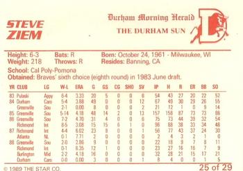 1989 Star Durham Bulls II #25 Steve Ziem Back