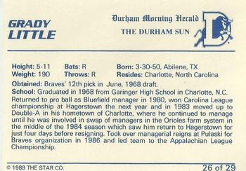 1989 Star Durham Bulls II #26 Grady Little Back