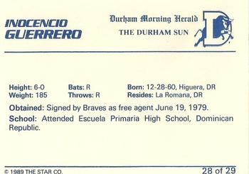 1989 Star Durham Bulls II #28 Inocencio Guerrero Back
