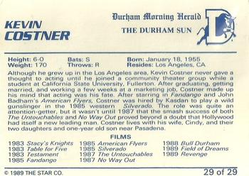 1989 Star Durham Bulls II #29 Kevin Costner Back