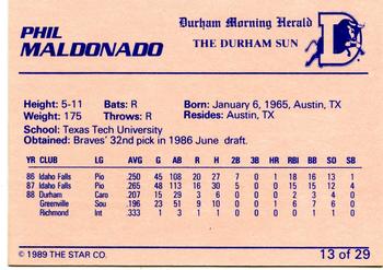 1989 Star Durham Bulls I #13 Phil Maldonado Back