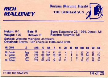 1989 Star Durham Bulls I #14 Rich Maloney Back
