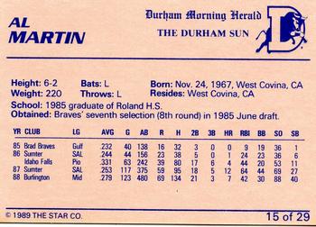 1989 Star Durham Bulls I #15 Al Martin Back