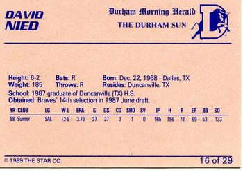 1989 Star Durham Bulls I #16 David Nied Back