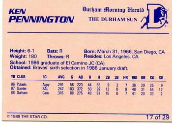 1989 Star Durham Bulls I #17 Ken Pennington Back
