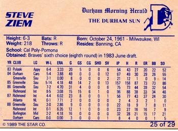 1989 Star Durham Bulls I #25 Steve Ziem Back